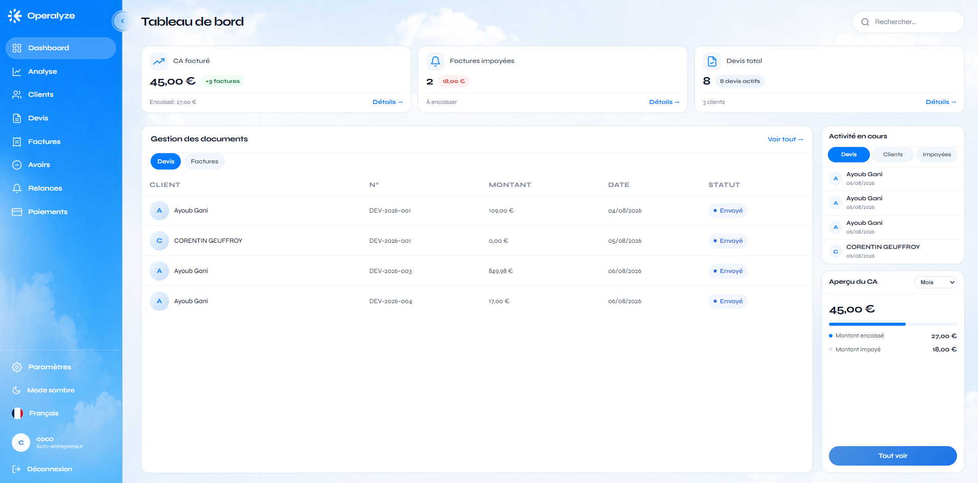 Operalyze dashboard — quotes, invoices and client tracking